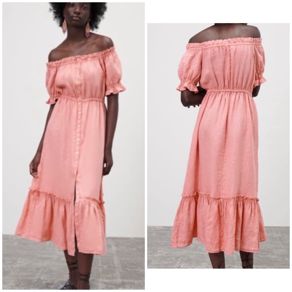 Zara Pink Ruffled Tiered Off Shoulder Puff Sleeves Linen Midi Dress size S